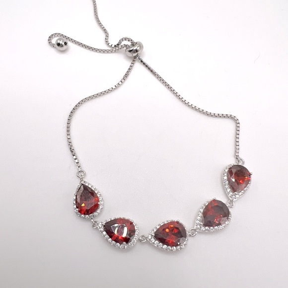 .925 Sterling Silver Pear Shaped Red Cz & Clear Cz Bolo Adjustable Bracelet - Picture 11 of 13